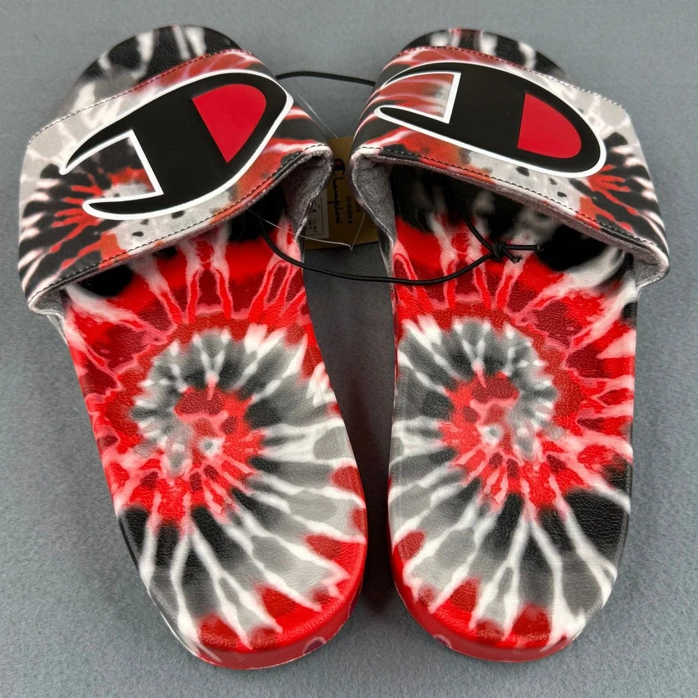 Champion IPO Tie Dye Slides Mens‎ 14 Red Black White C Logo Sandals CP101344M
